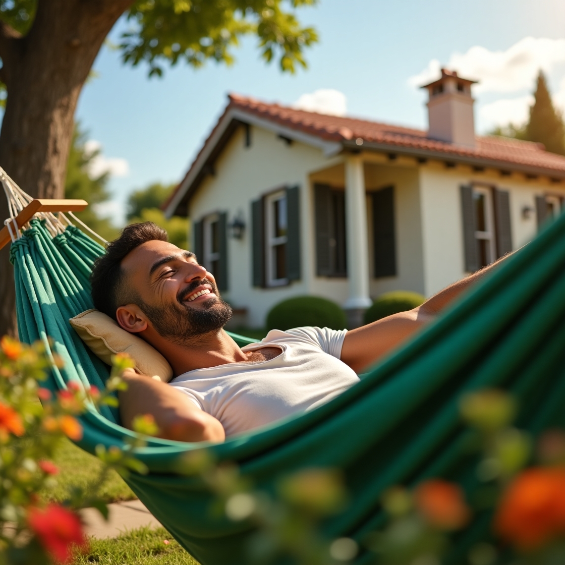 Man relaxing in hammock with secure home in background